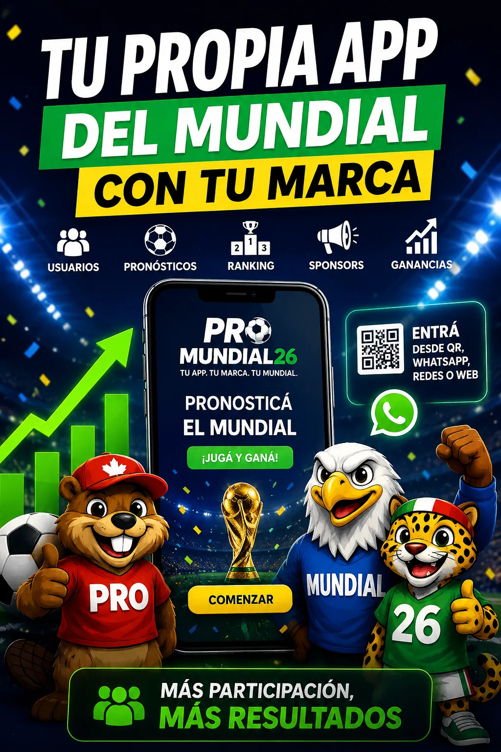 ProMundial 26: tu propia app del Mundial con tu marca. Usuarios, pronósticos, ranking, sponsors y ganancias.